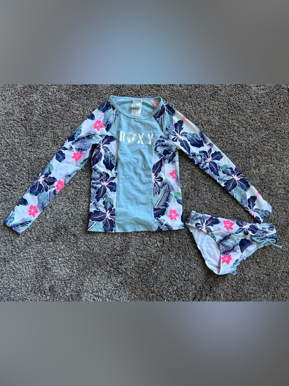 Roxy Girls Light Blue Floral Long Sleeve Rashguard Swim Set Size YS (8)